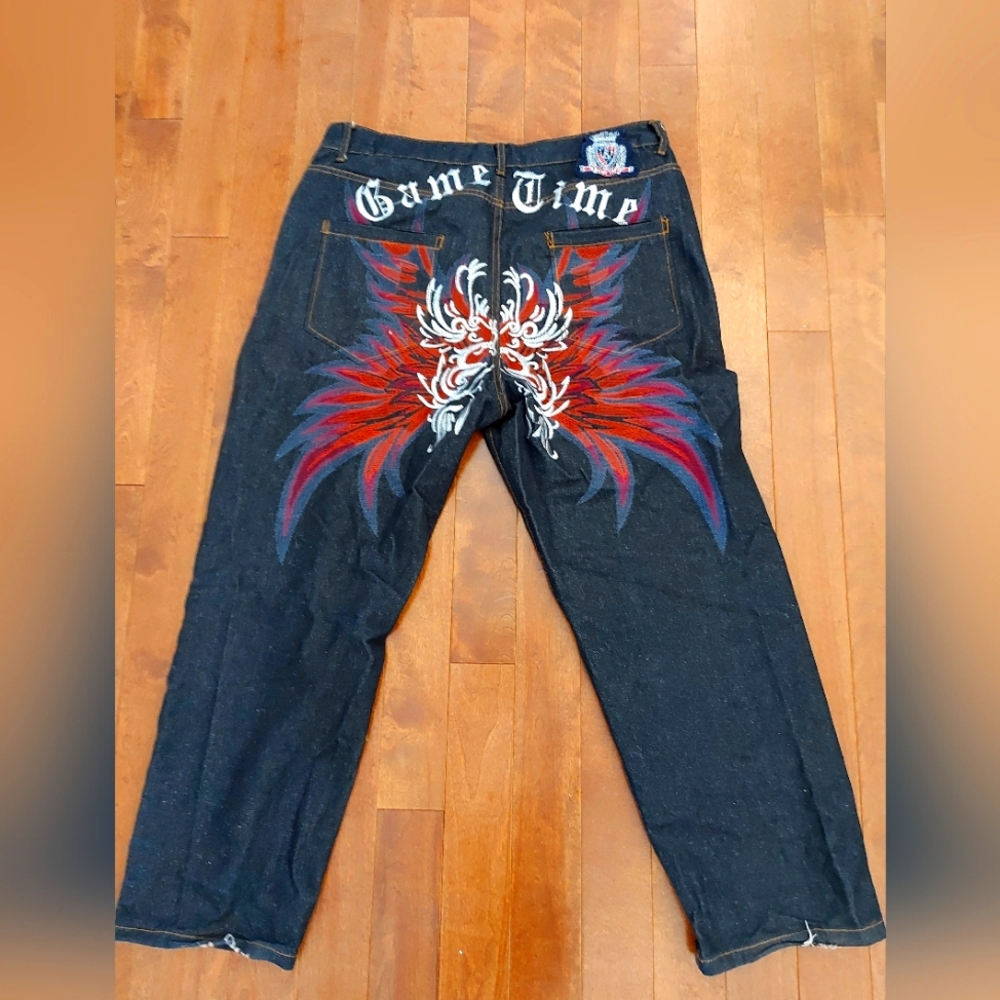 Y2K 💥 Unisex Oversized Black Jeans with Red and Blue Design